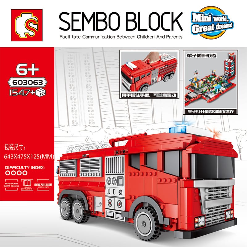sembo 603063 red miniature city fire truck 6234 - MOULD KING